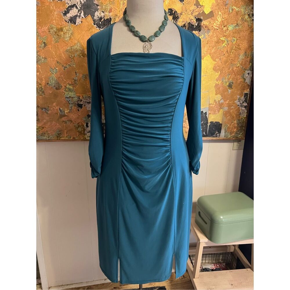 Joseph Ribkoff Teal Ruched Midi Dress with Square Neck
